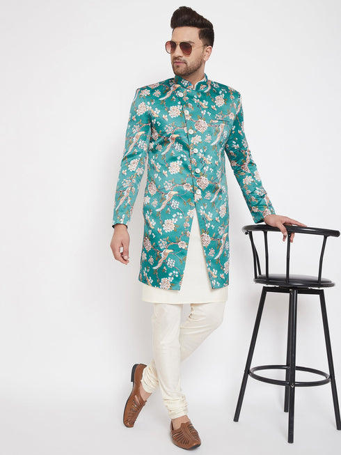 Vastramay Men's Multicolor Base Blue Silk Blend Sherwani With Kurta Pyjama Set